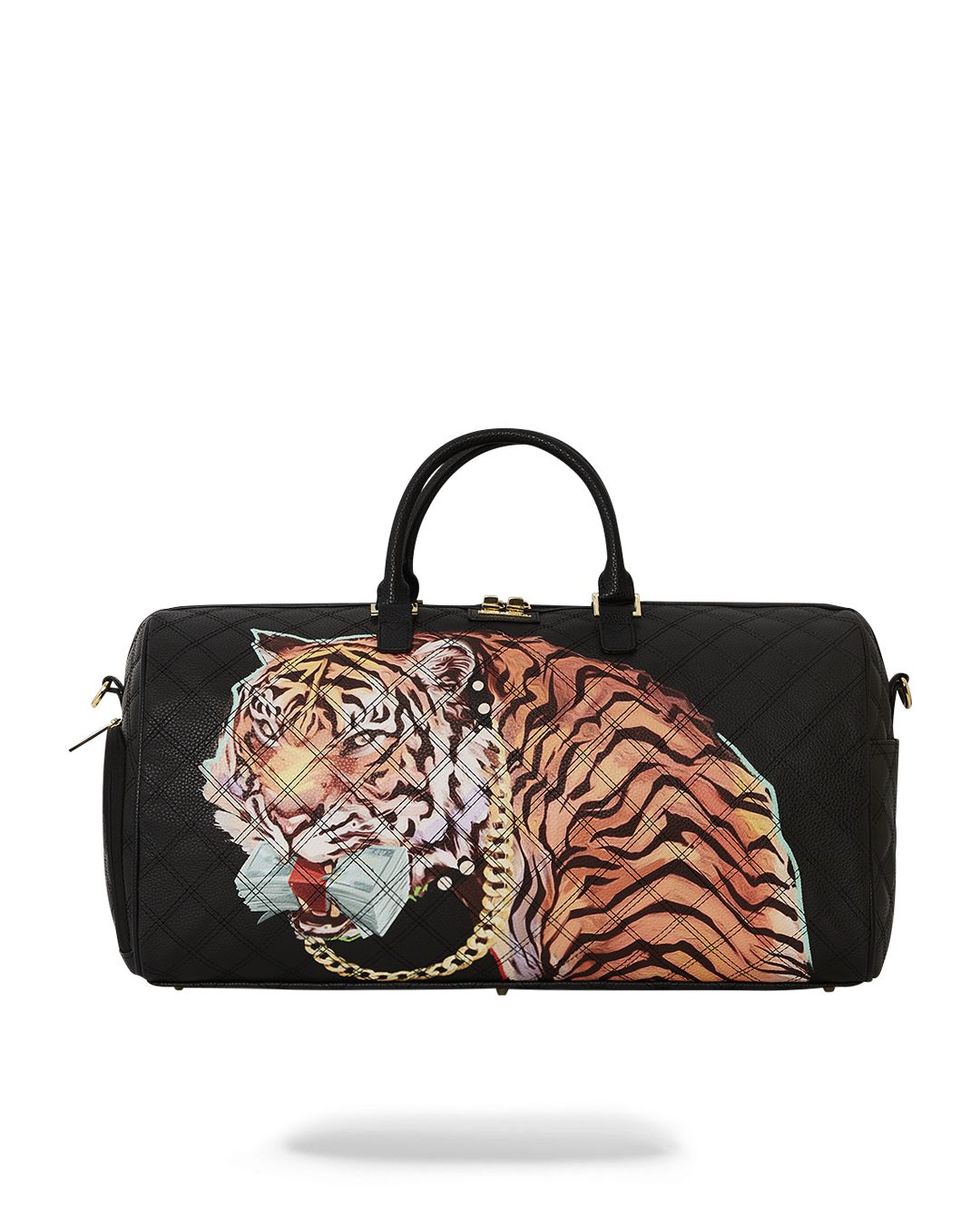 Designer travel duffle bag with tiger print on display
