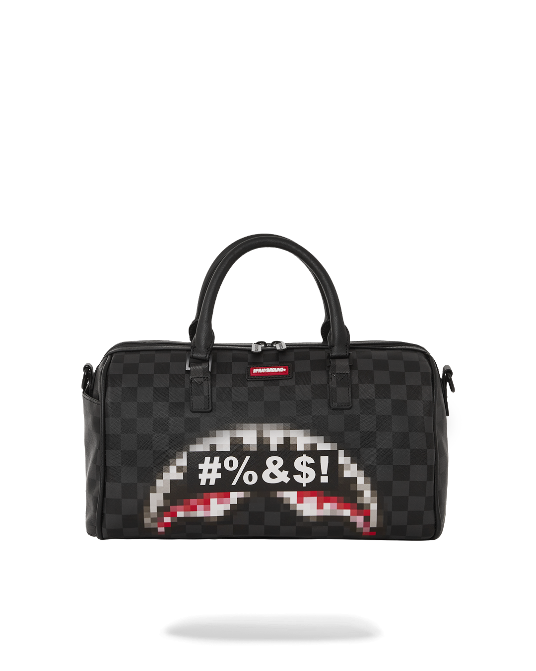 Front view of the Shark faux leather mini duffle bag showcasing its gold zippers.