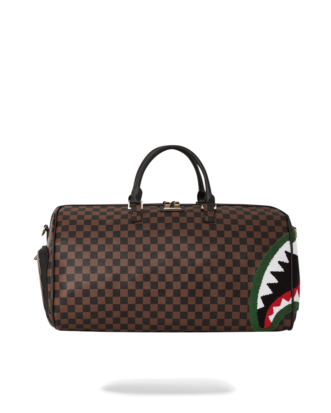Front angle of the shark duffle bag showcasing the gold zipper and Paris check design