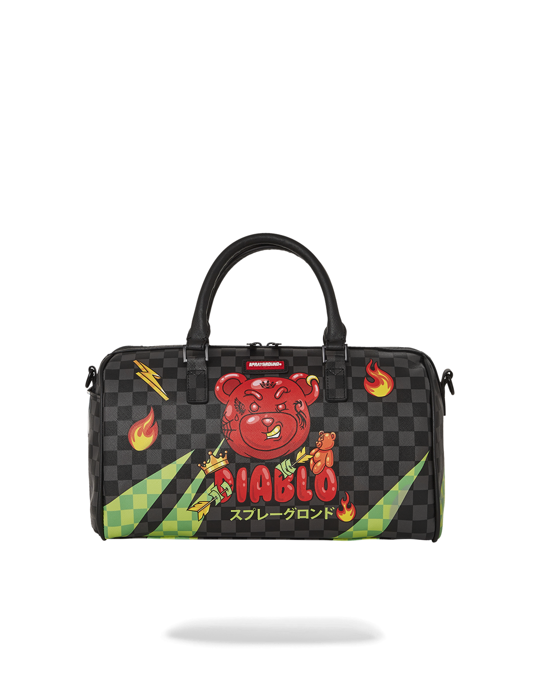 Front view of leather duffle bag with gold zippers and adjustable straps