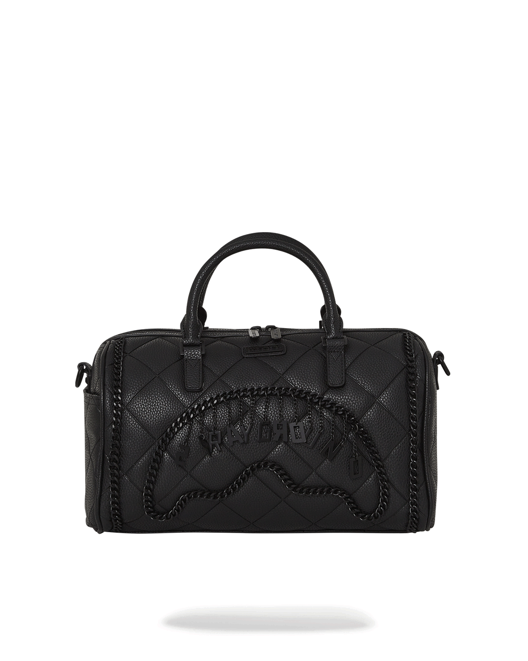 Side profile of the quilted mini duffle showing sneaker pocket and adjustable strap.