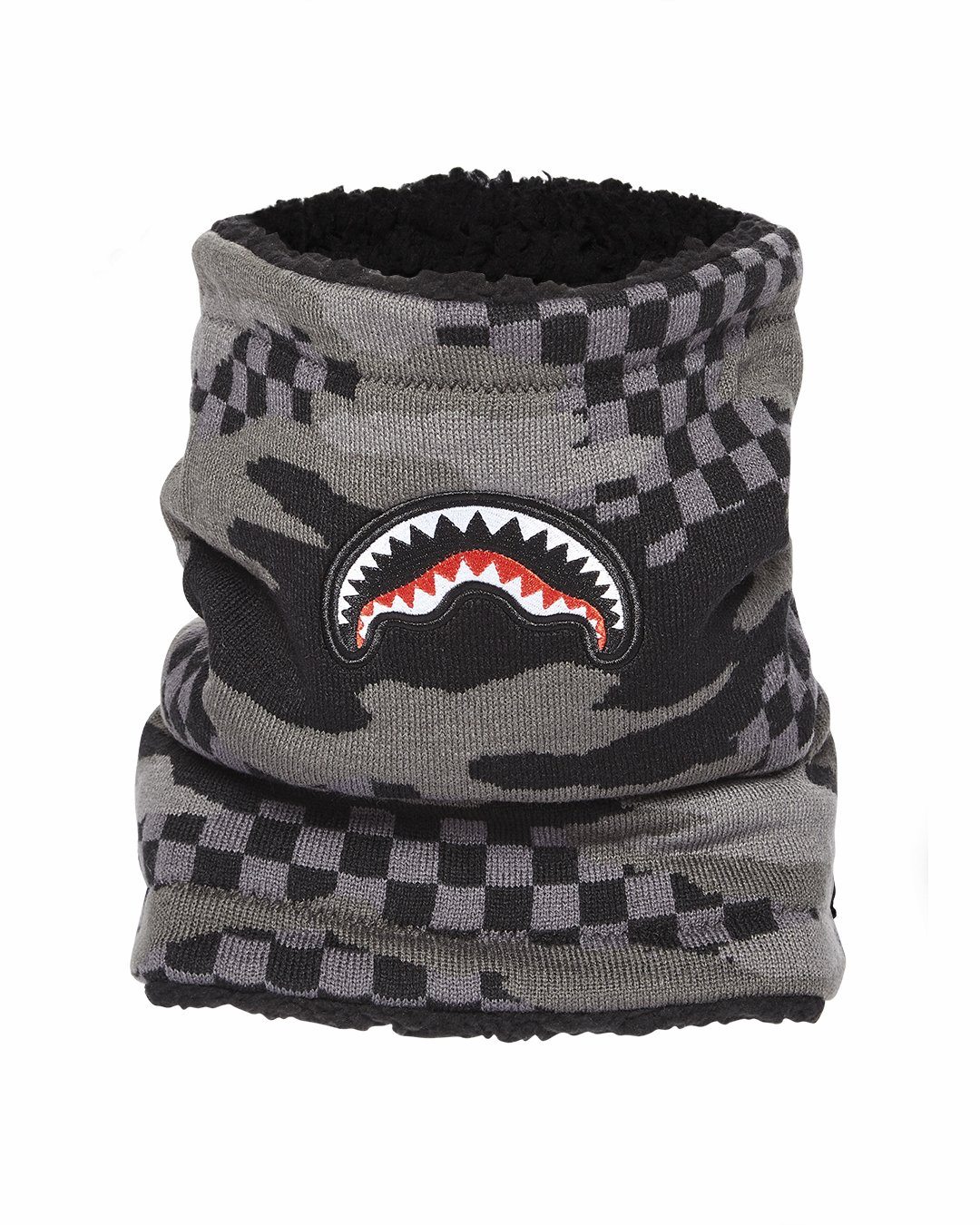 Close-up of the knitted neck warmer showing its acrylic fabric.