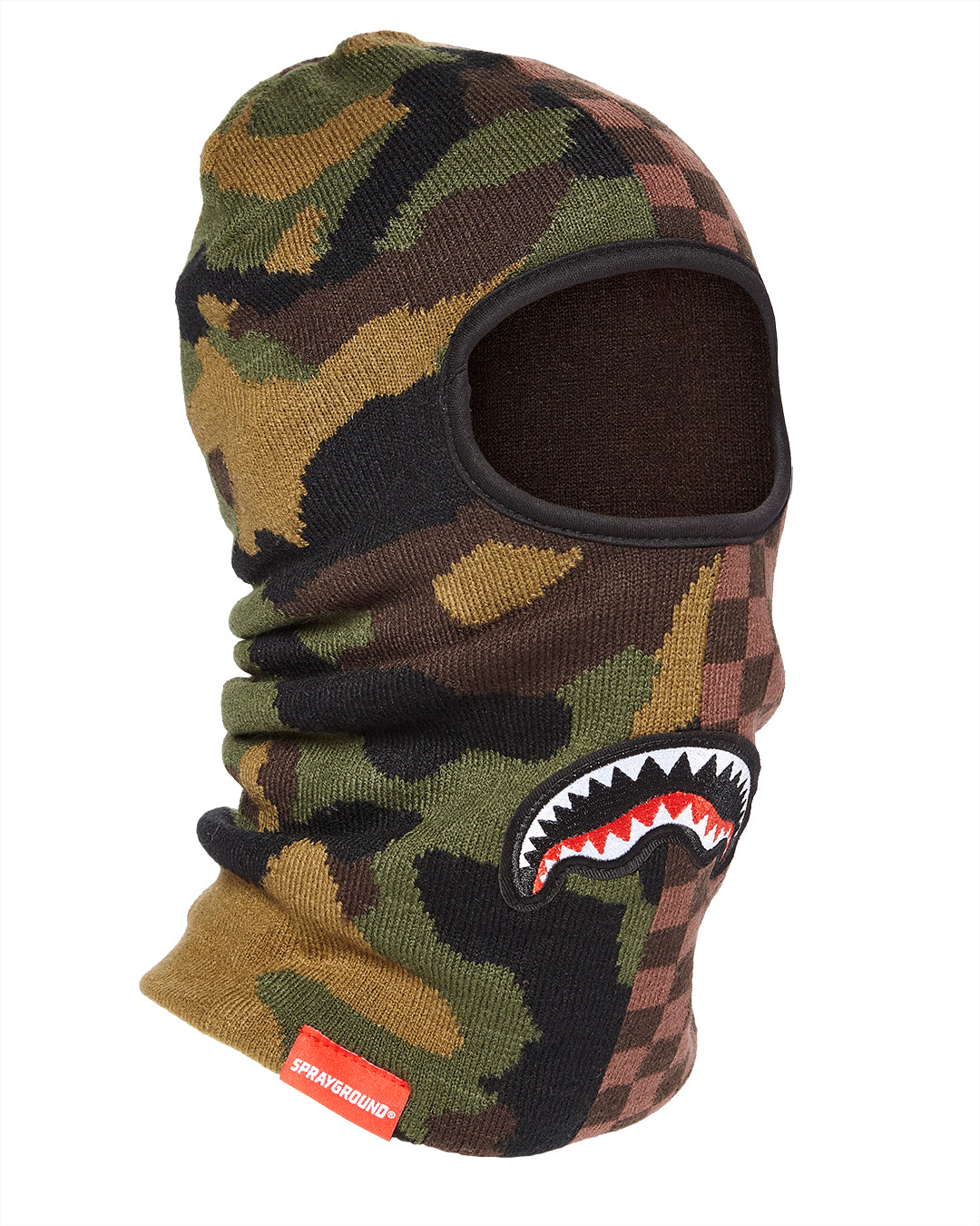 Front view of Urban Explorer knitted ski mask on a snowy background.