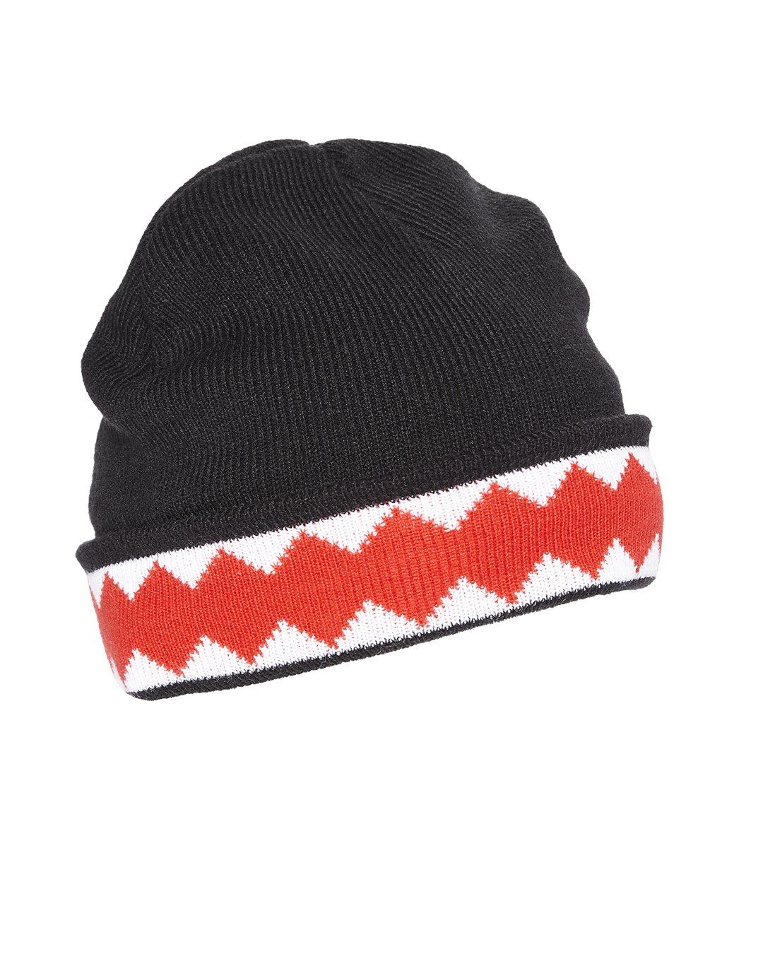 Close-up of red beanie hat mens black jacket combo worn in New York