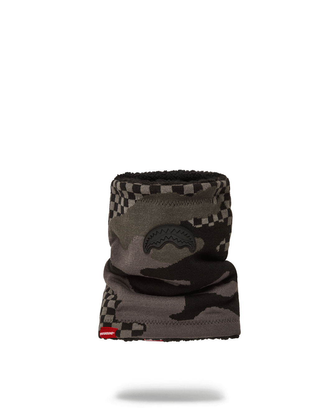 Close-up of the knitted neck warmer showcasing its texture and design.