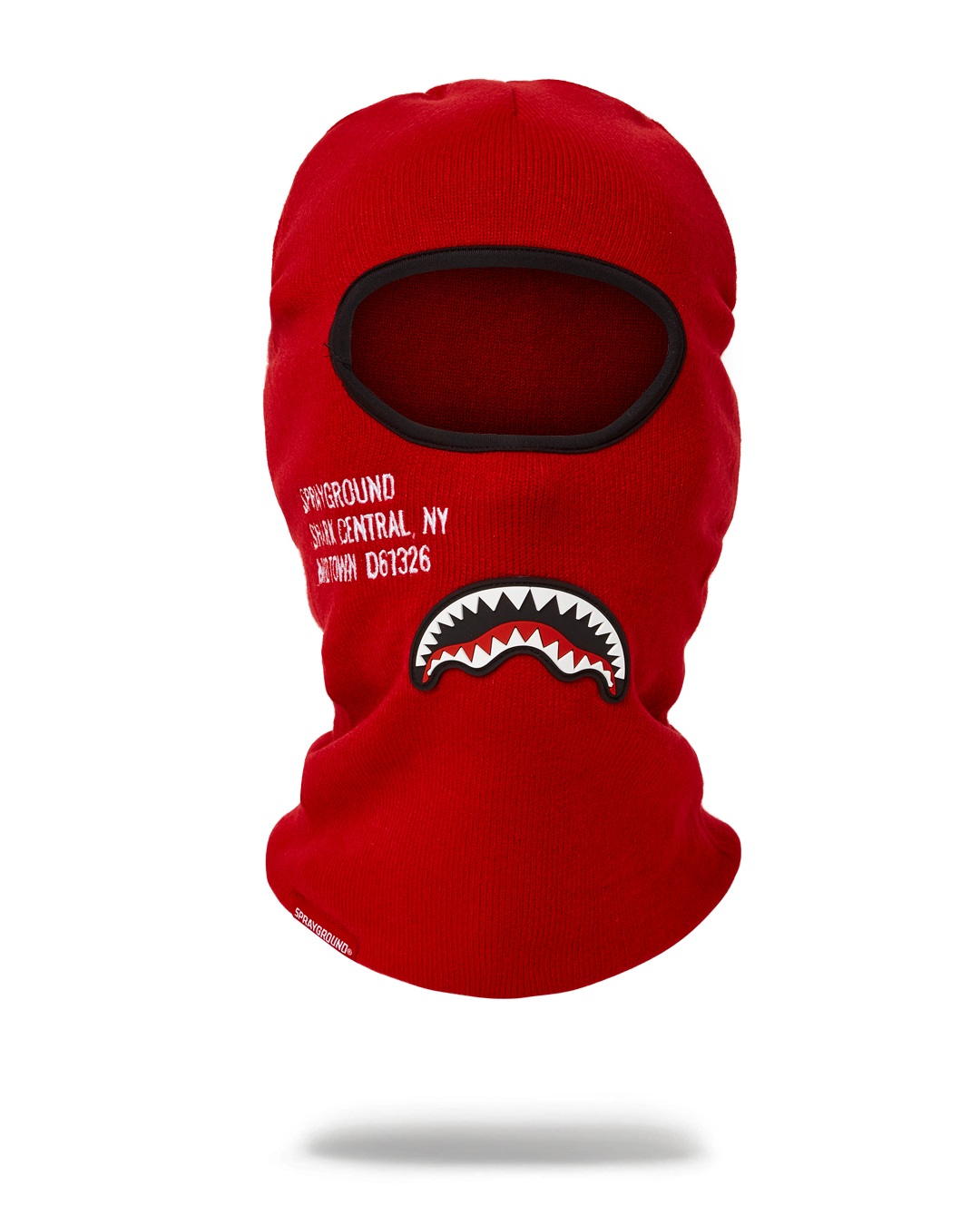 Red balaclava ski mask shown against a snowy backdrop.