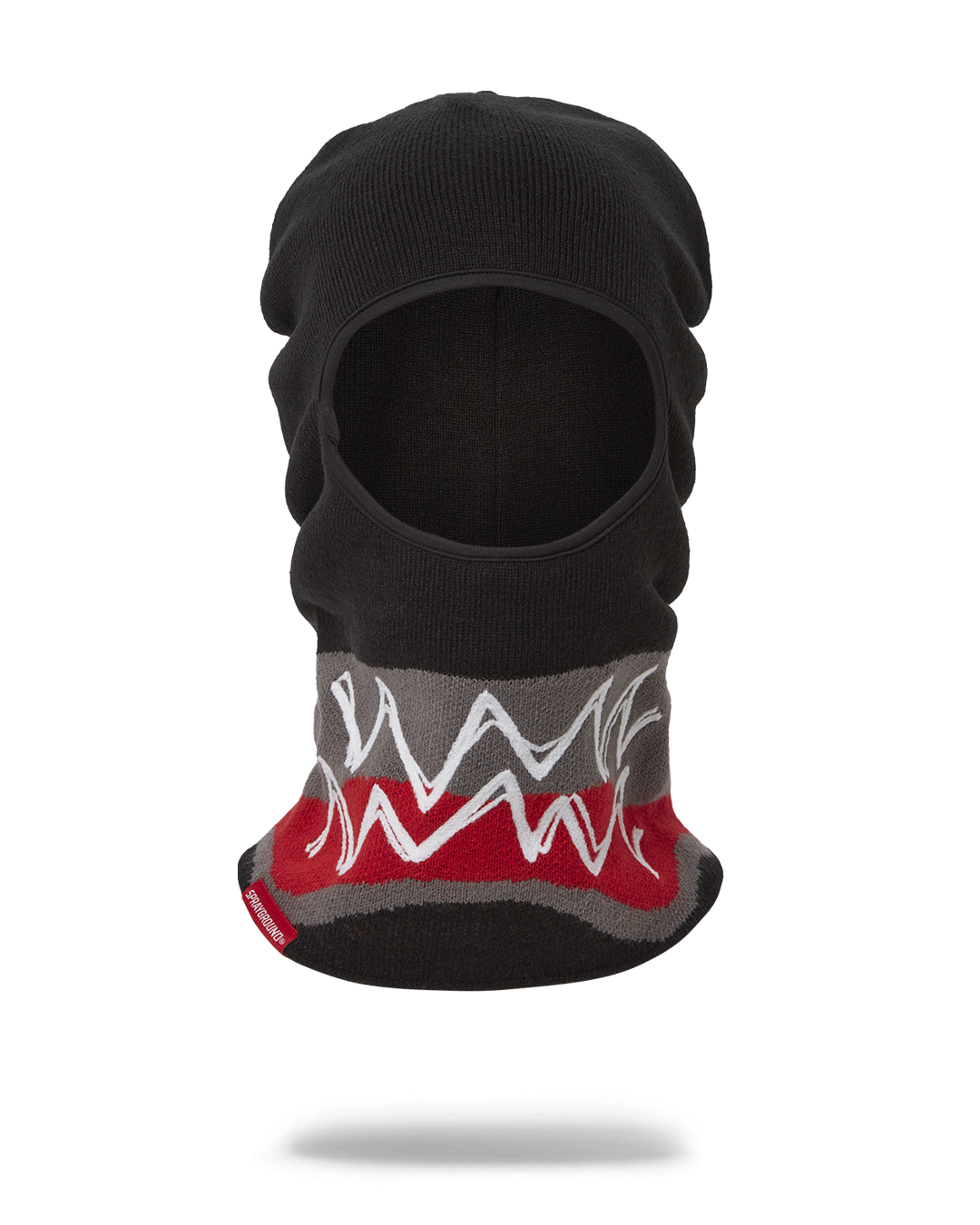 Front view of black knitted ski mask on head form with urban background