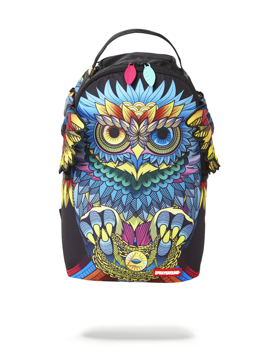 Mini O.W.L. Backpack with pink and blue feather zippers, side pockets, and ergonomic mesh back padding.