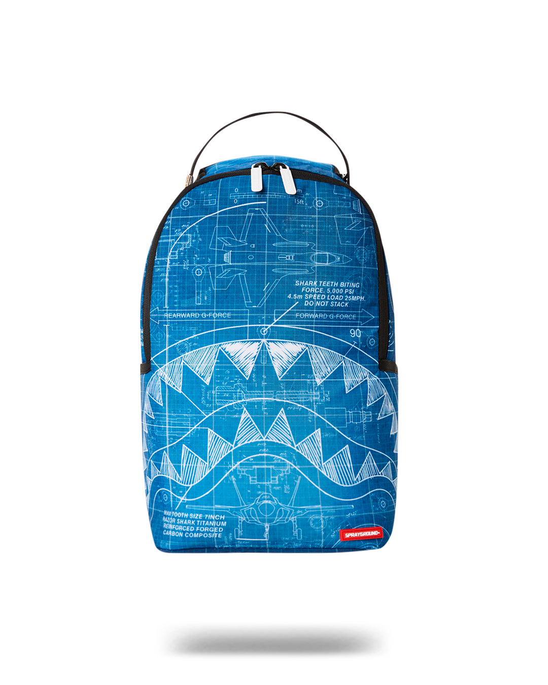 Mini Shark Backpack front view with zipper pocket and mesh straps