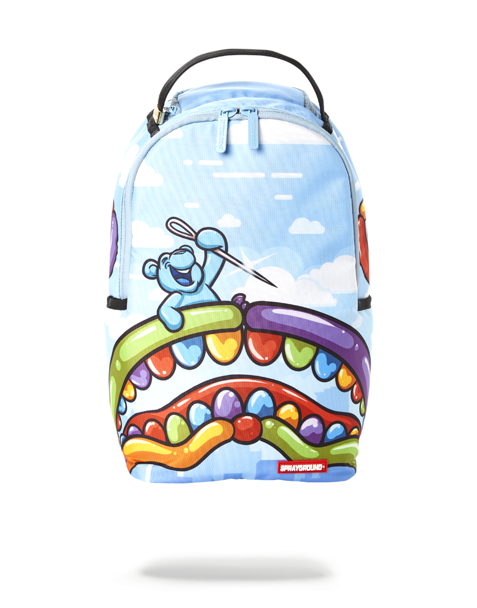 Side view of Mini Poppin travel rucksack backpack showcasing pockets and zippers.