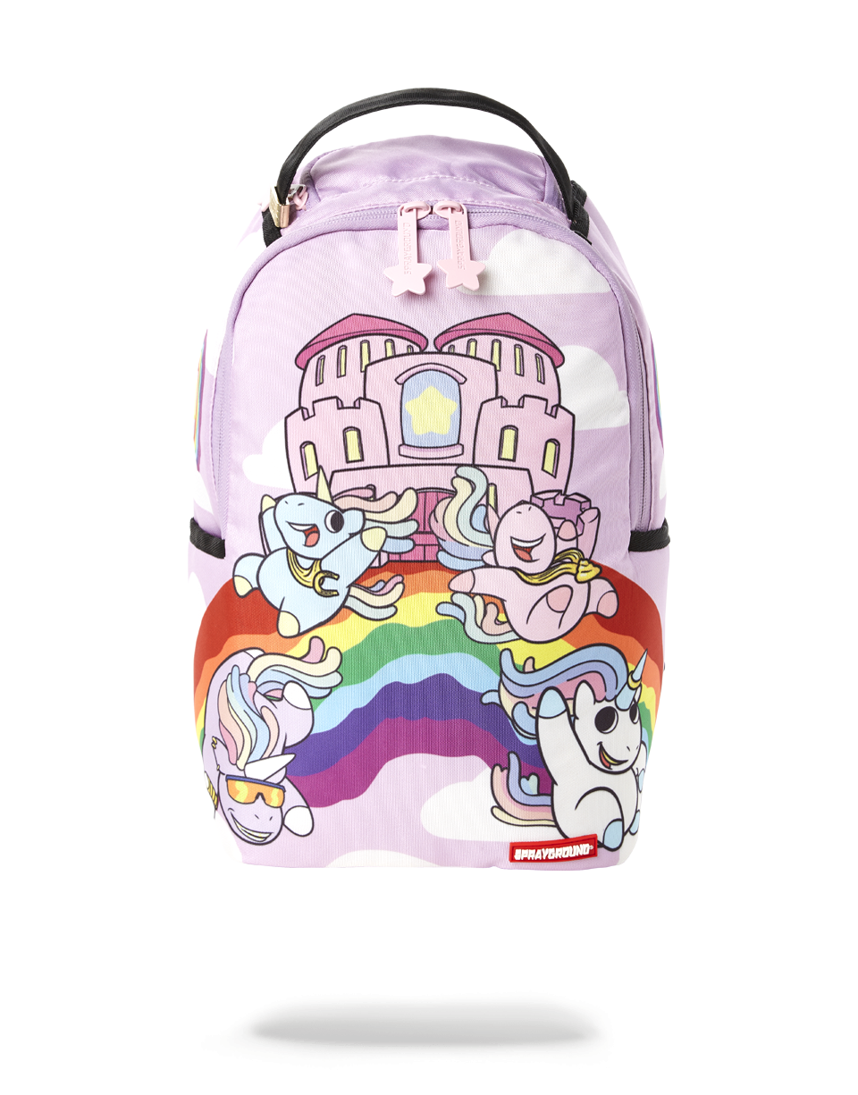 Rainbow Bounce Mini Backpack shown from front with zippered pockets