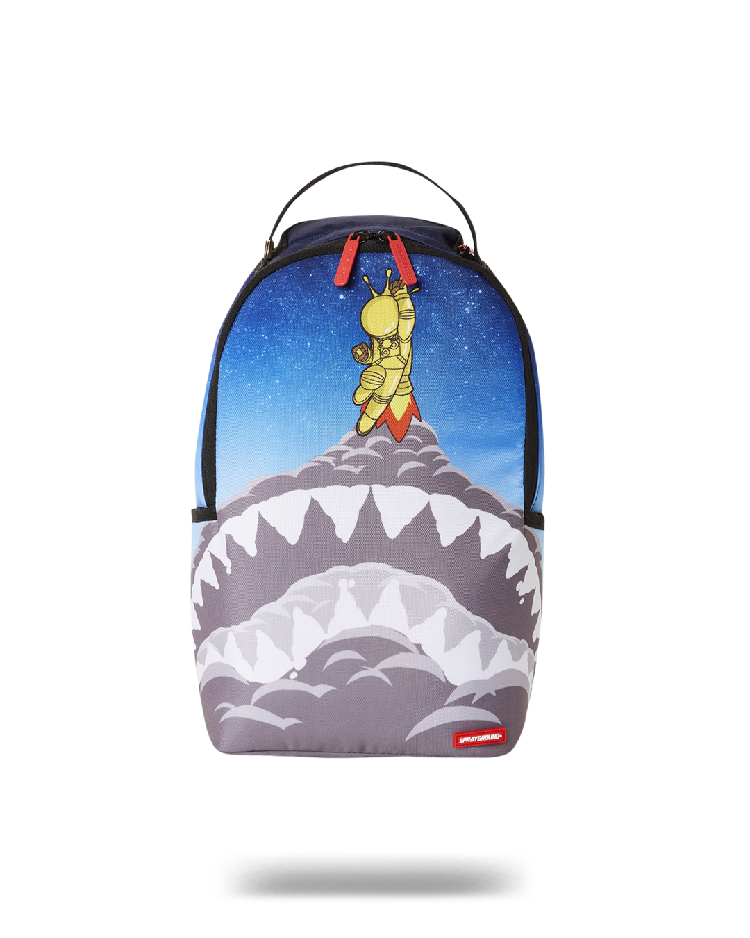 Front view of Astromane mini backpack showing zipper and velour sunglass pocket