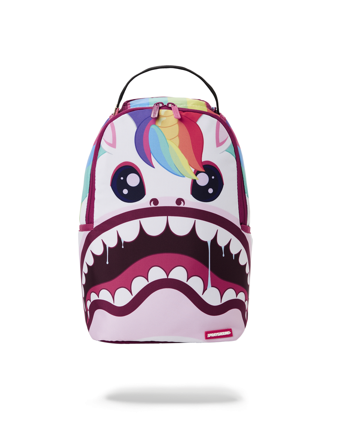 Front view of mini backpack showing shark-inspired design and front zip pocket.