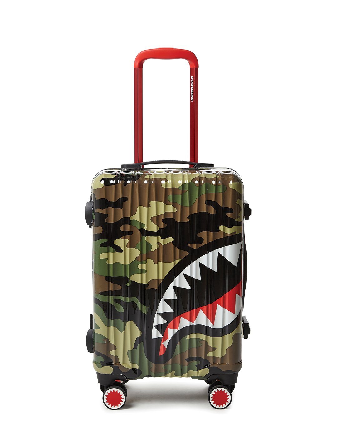 Sharknautics camo carry-on luggage being wheeled through airport terminal