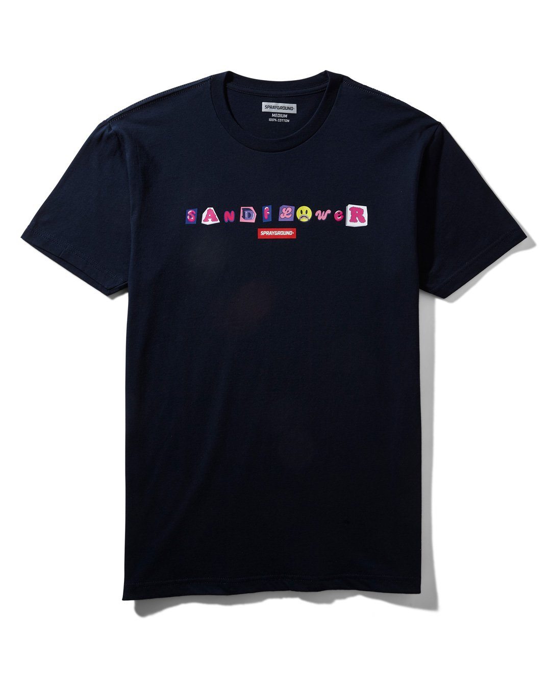 Close-up of Sandflower logo on navy women's t-shirt