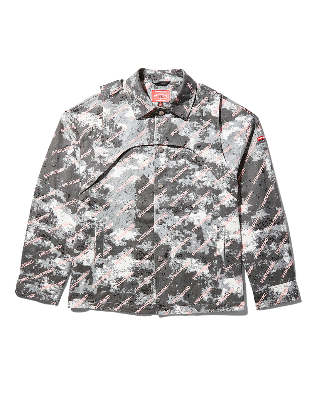Grey cotton bomber jacket front view with camouflage print