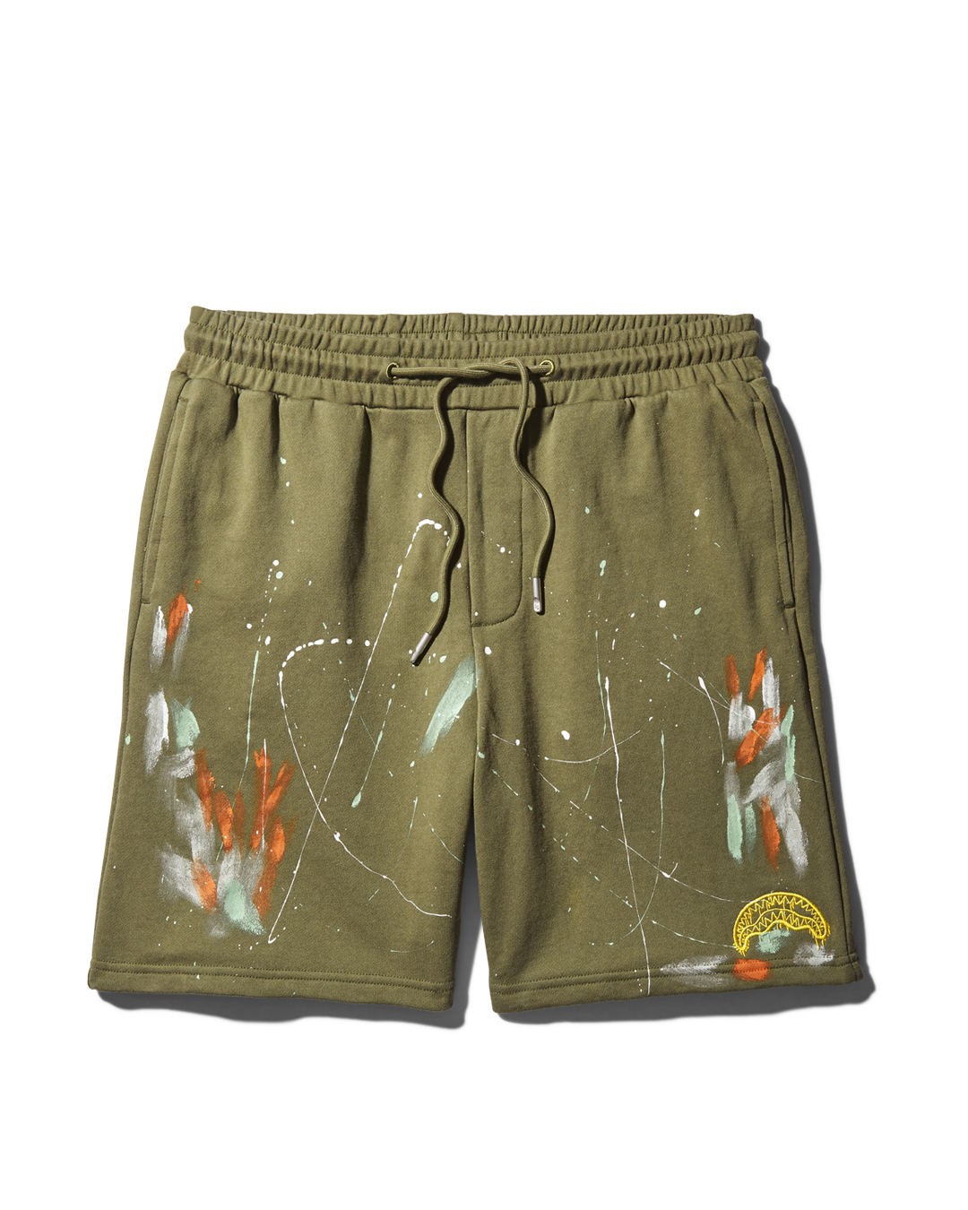 Close-up of cotton biker shorts showing paint splat design