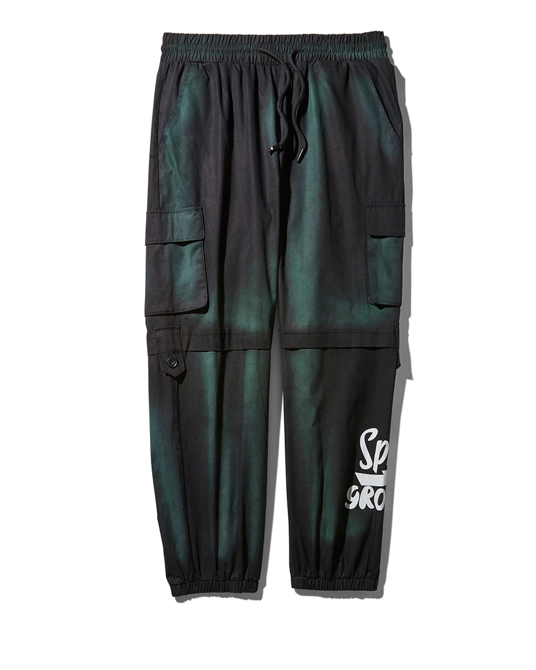 Close-up of tie dye cargo joggers with side cargo pockets for streetwear style