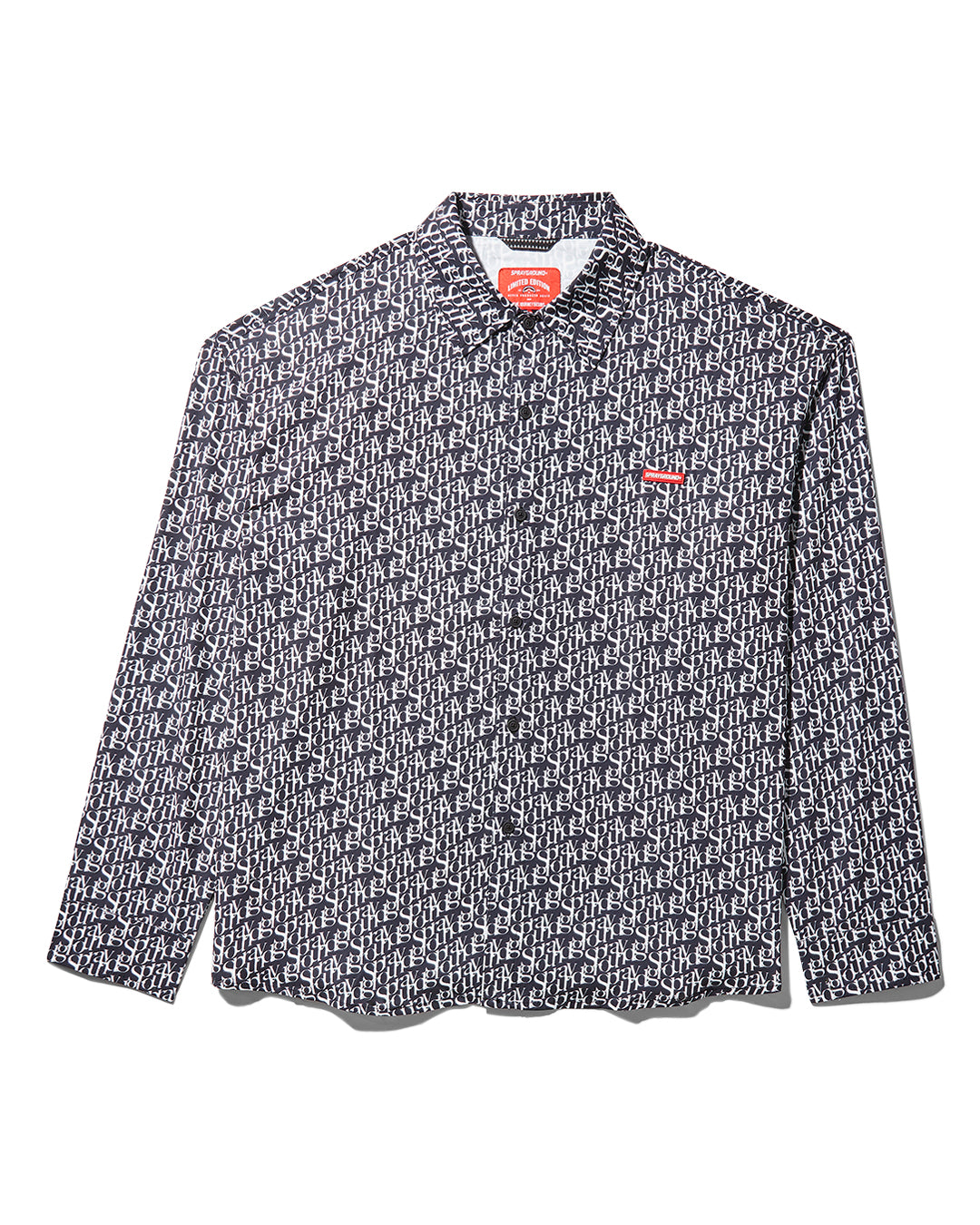 Front view of black dress shirt with button closure and logo on chest