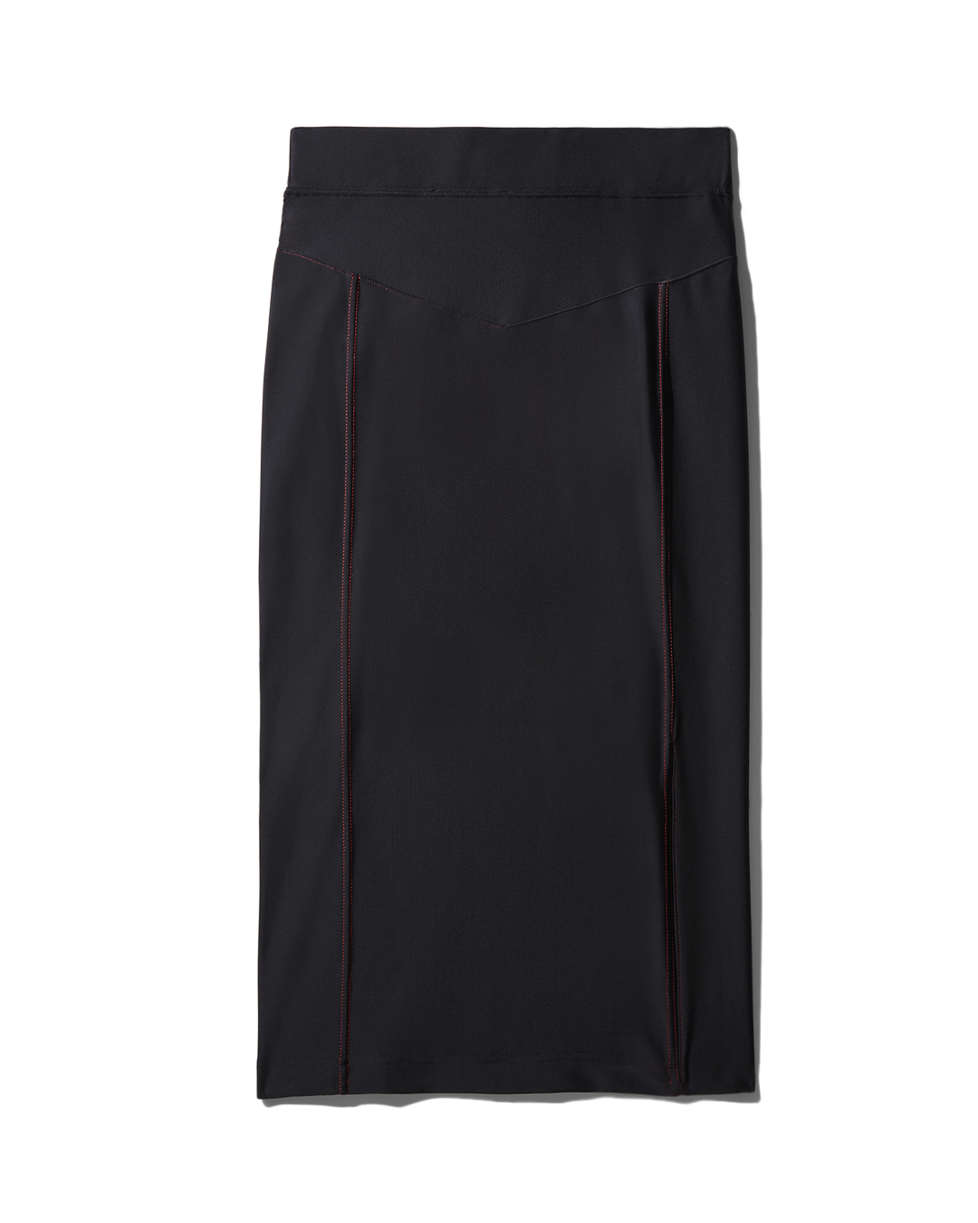 Black denim athletic skirt showcasing mid-calf length and comfort fit.