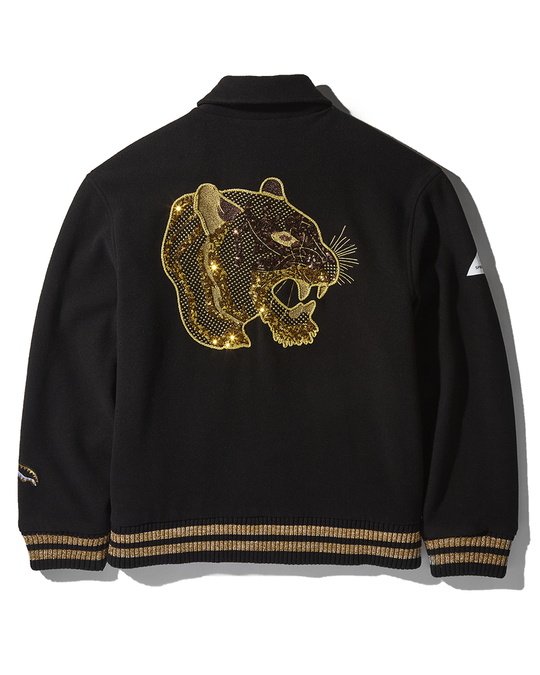 Front view of varsity jacket mens with sequin jacket details and gold embroidery