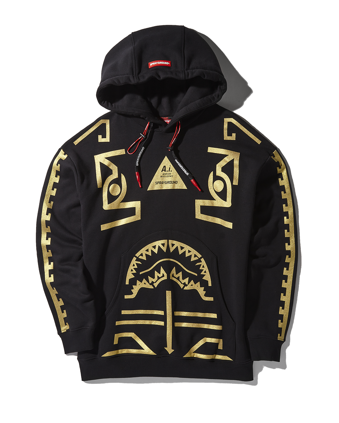 Front view of black and gold true religion hoodie with red drawstrings