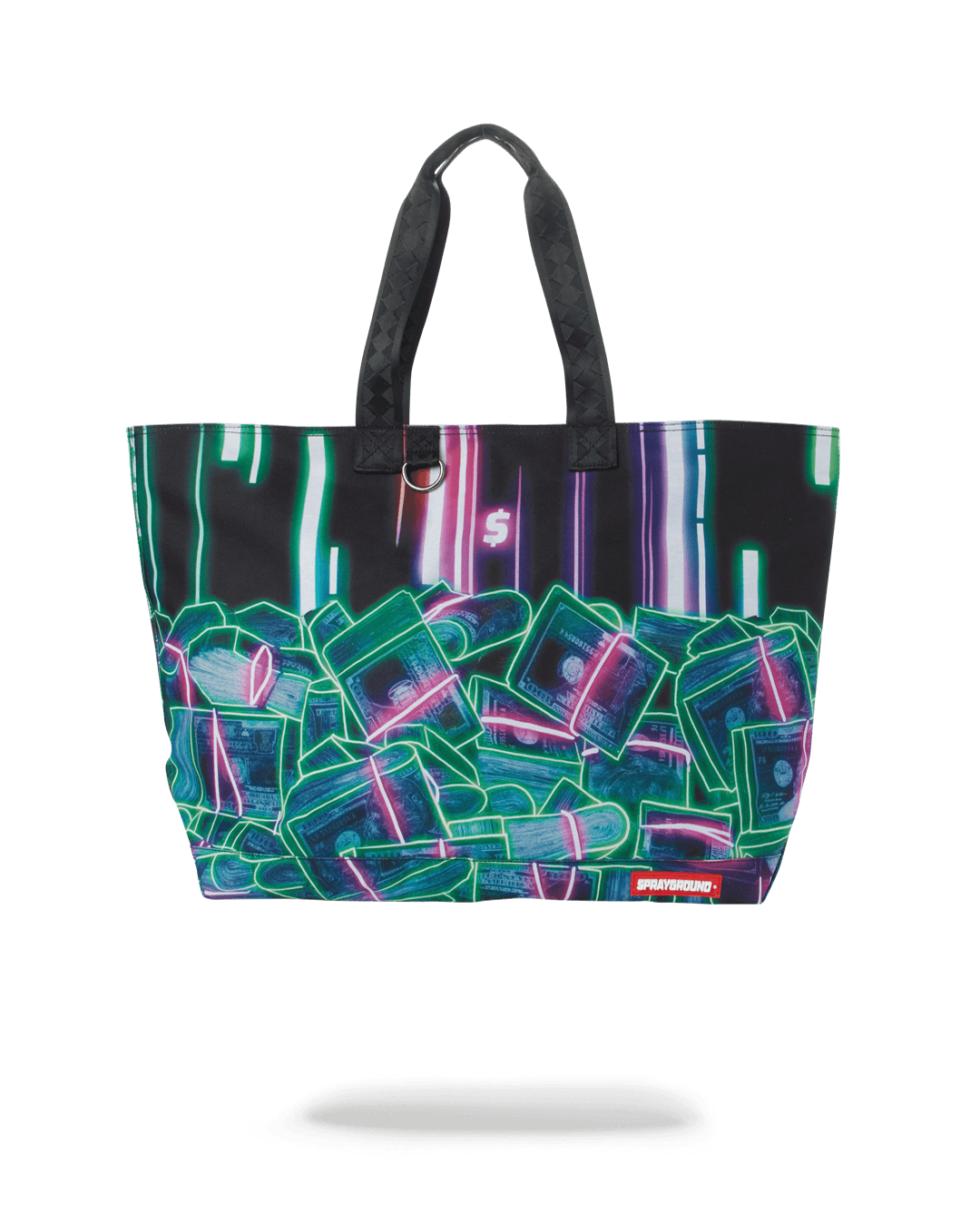 Sprayground Crypto Stacks tote bag with neon lights, front view