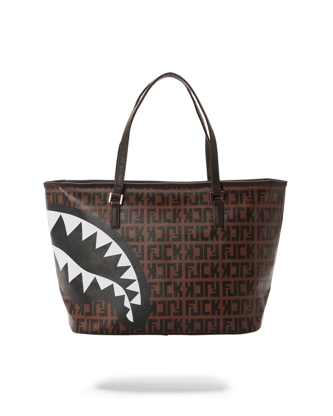 Front angle view of printed Sprayground tote with gold zipper and logo keychain