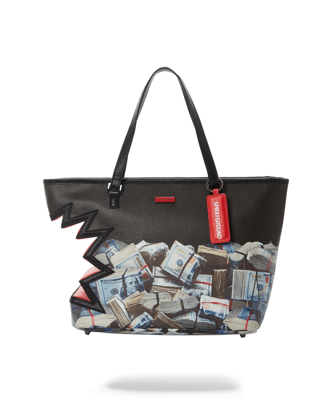 Front view of leopard print tote bag on San Francisco sidewalk