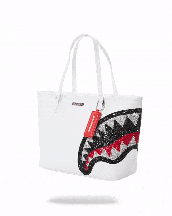 Front view of the sprayground tote with crystal detailing and gold hardware