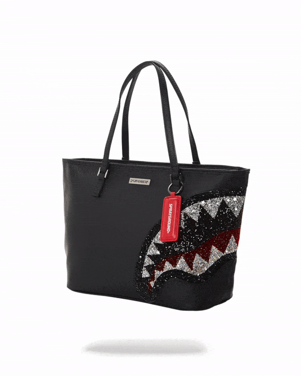 Front view of black vegan leather tote with double handles and gold zippers