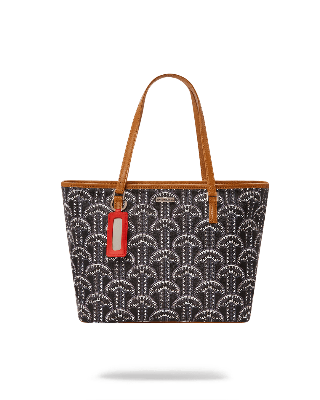 Leopard print vegan leather tote bag with Sprayground logo keychain mirror
