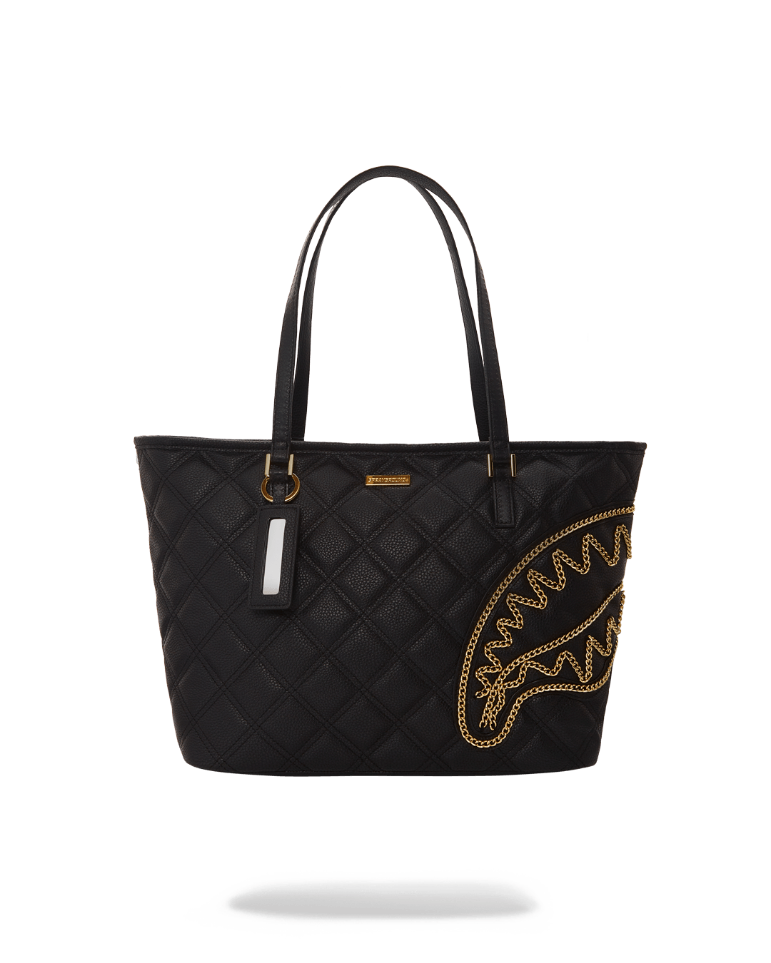 Noir Quilted Shark Tote with gold chain on display
