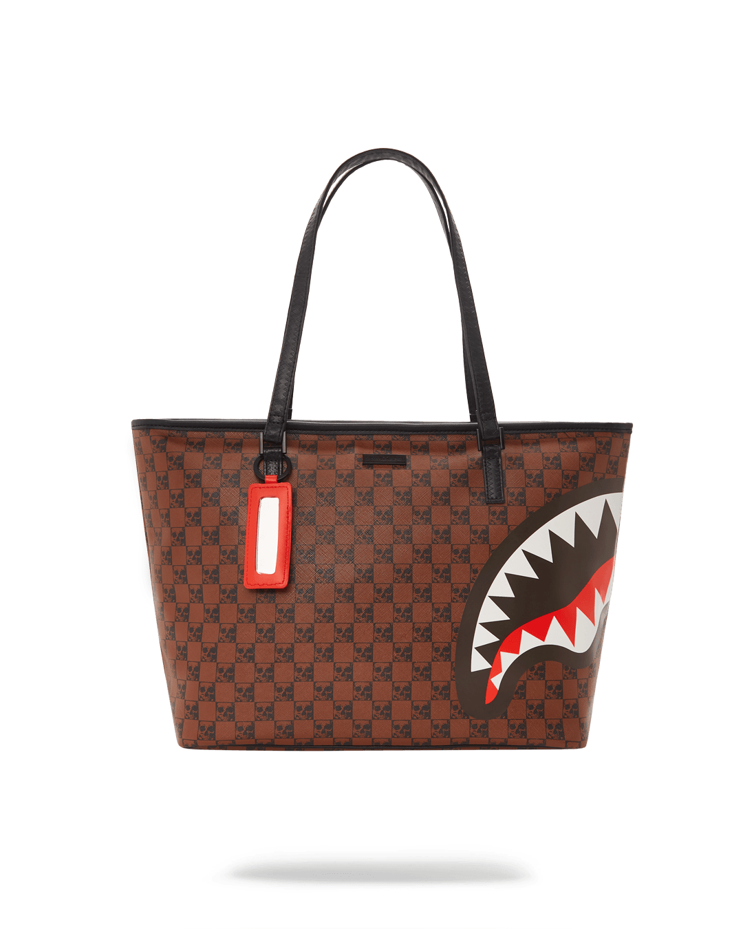Front view of vegan leather tote with skull and shark design, spacious and stylish