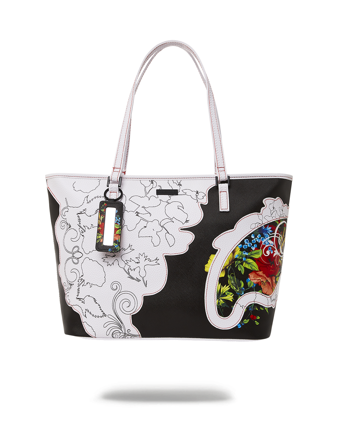 Top view of the vibrant floral vegan leather tote bag showcasing its spacious interior.