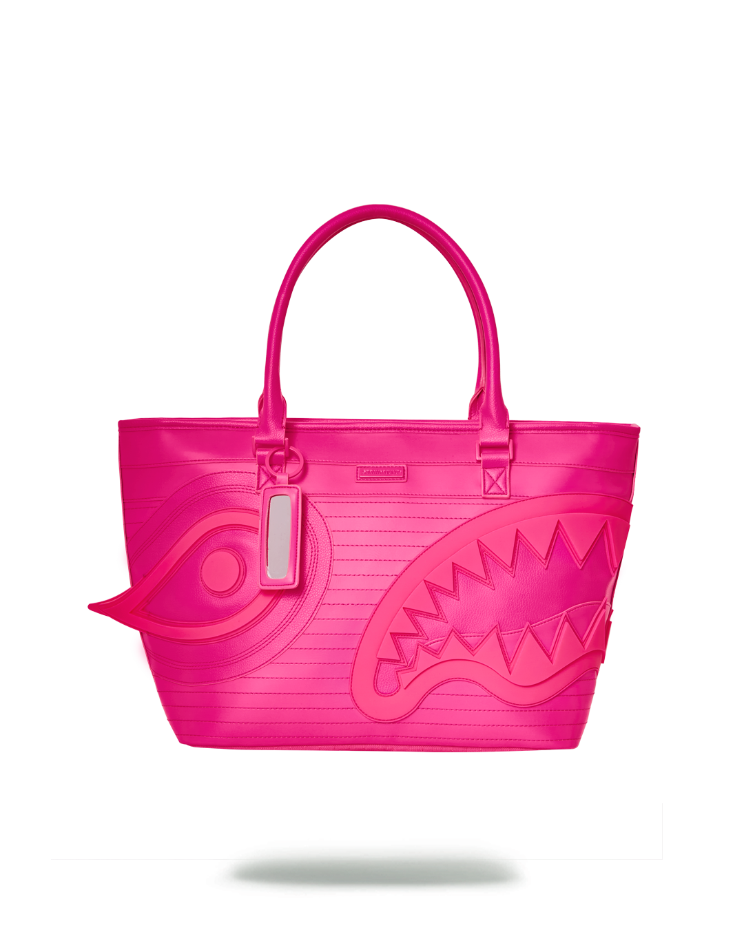 Front view of fluorescent designer tote bag with shark rubber accents