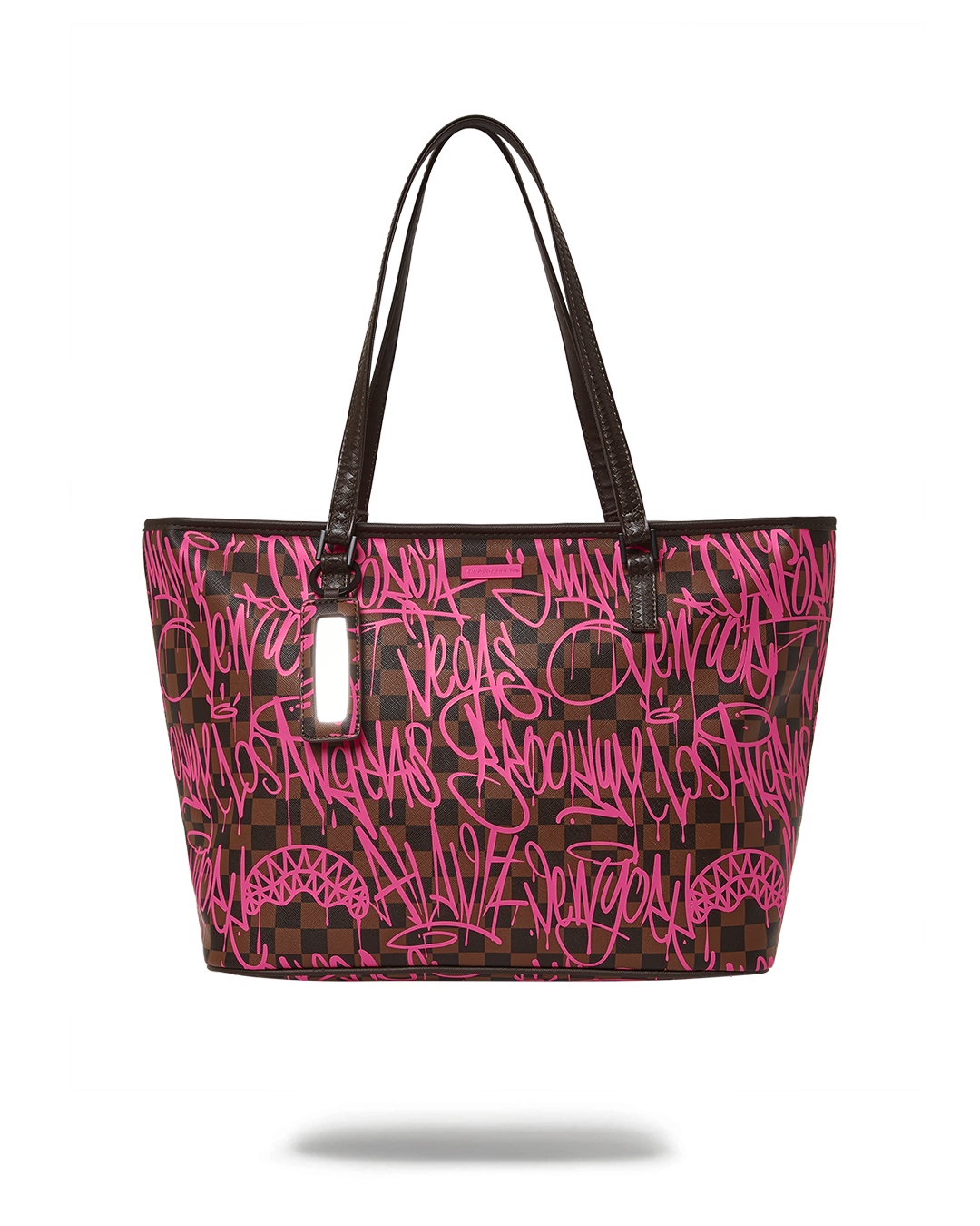 Front view of the leopard print tote with double handles and metal hardware