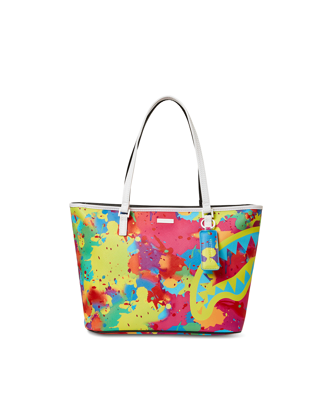 Front view of the Sprayground Euphoric Darkness tote bag with bold print