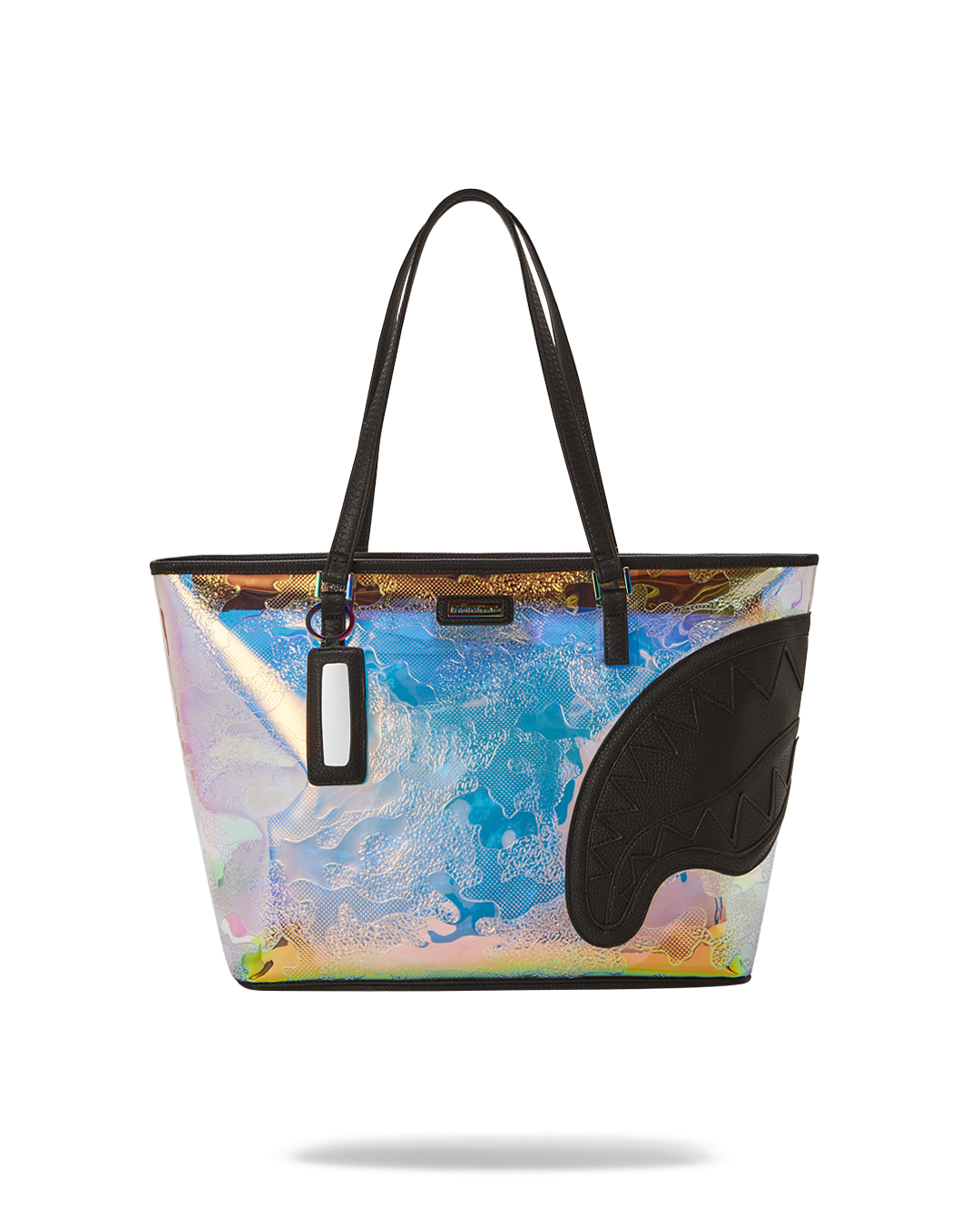 Front view of Sprayground tote bag showing bold graphic print and gold zippers
