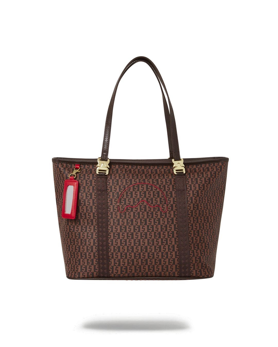 Close-up of the Sprayground vegan leather tote bag showing keychain.