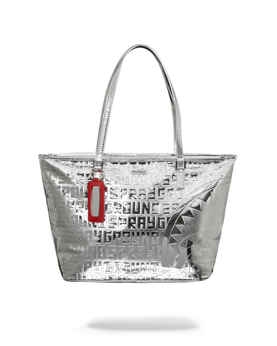 Front view of Sprayground metallic tote bag with signature logo detail