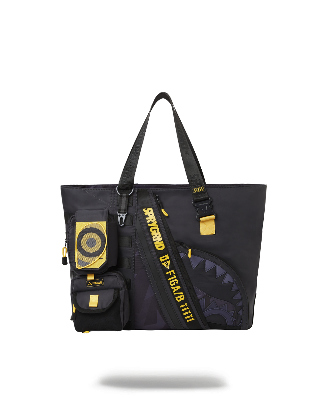 Front view of camo tote bag showing MOLLE pouches and zip pockets
