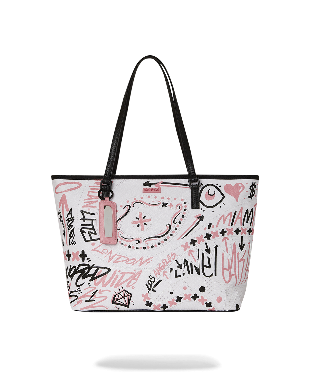 Front view of the vibrant printed shoulder tote bag.
