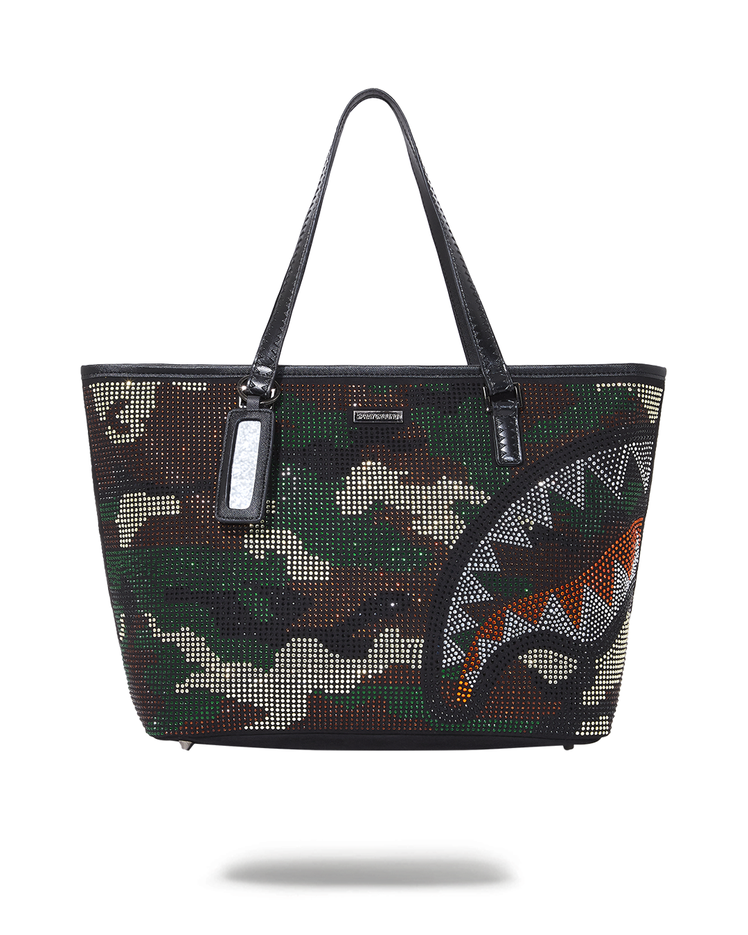 Front view of the Trinity camo tote showing the stylish camo pattern and double handle design