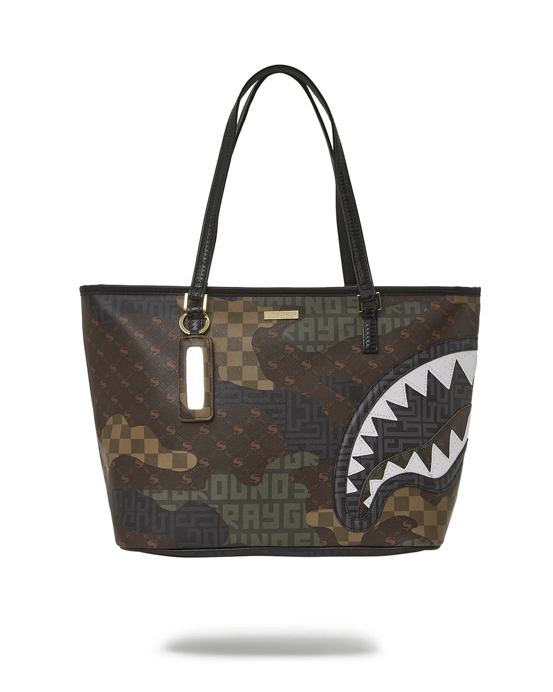 Close-up of Sprayground Stealth Mode tote's vegan leather texture and metal zipper details