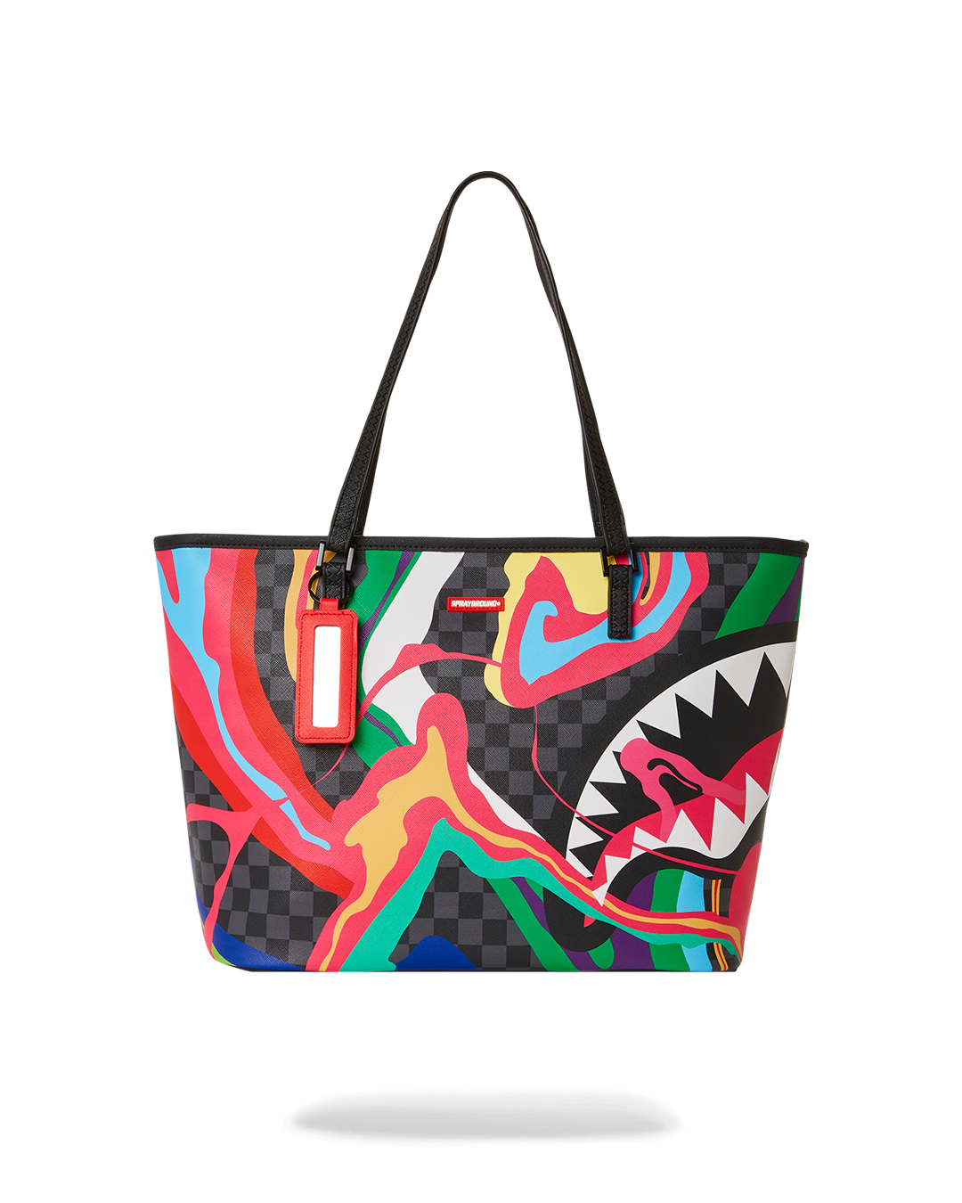 Sprayground Trippy Taffy tote bag with leopard print design, showcasing durable vegan leather and stylish double handle.