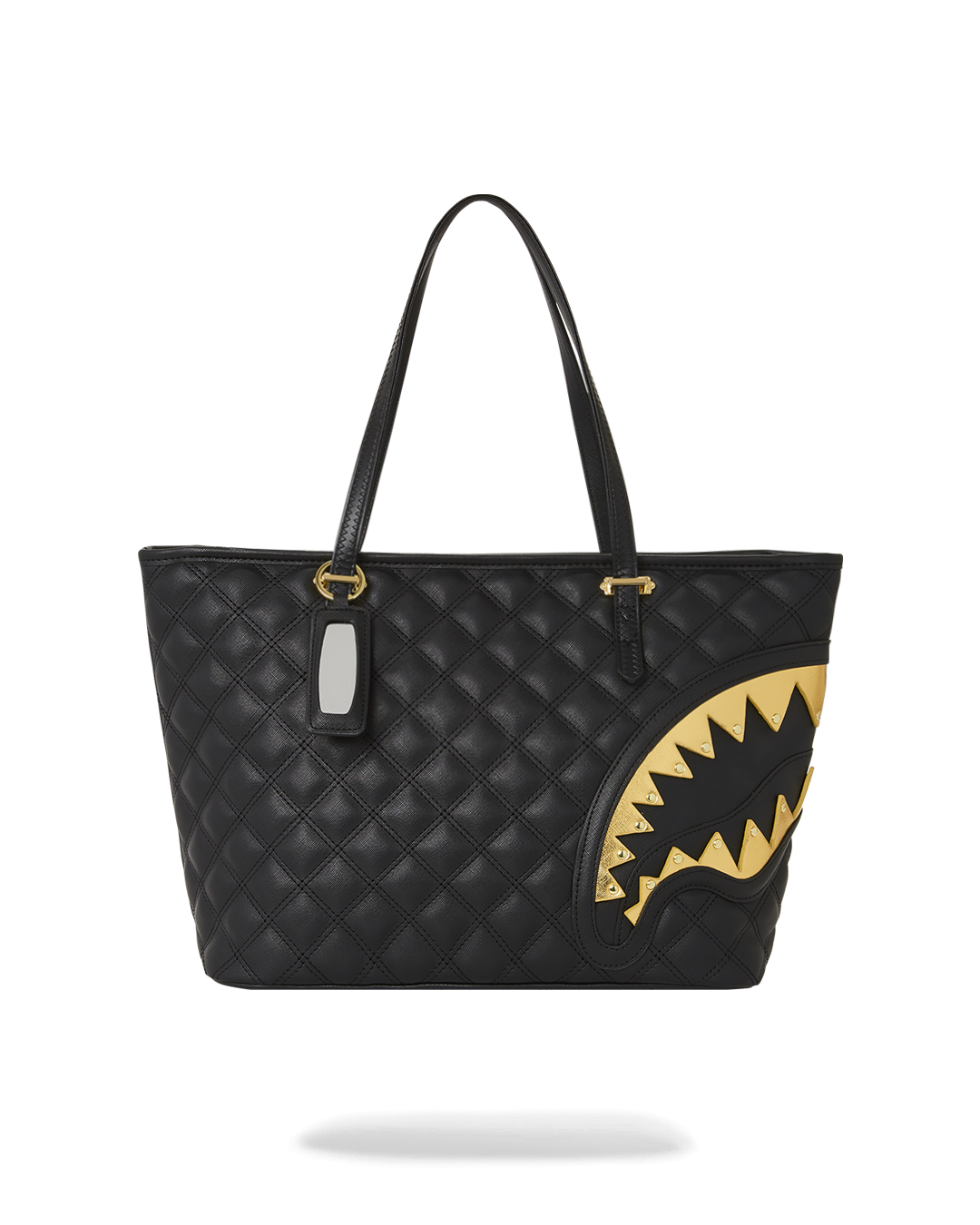Luxury quilted faux leather tote bag with metallic gold shark mouths, ideal for stylish women on-the-go.