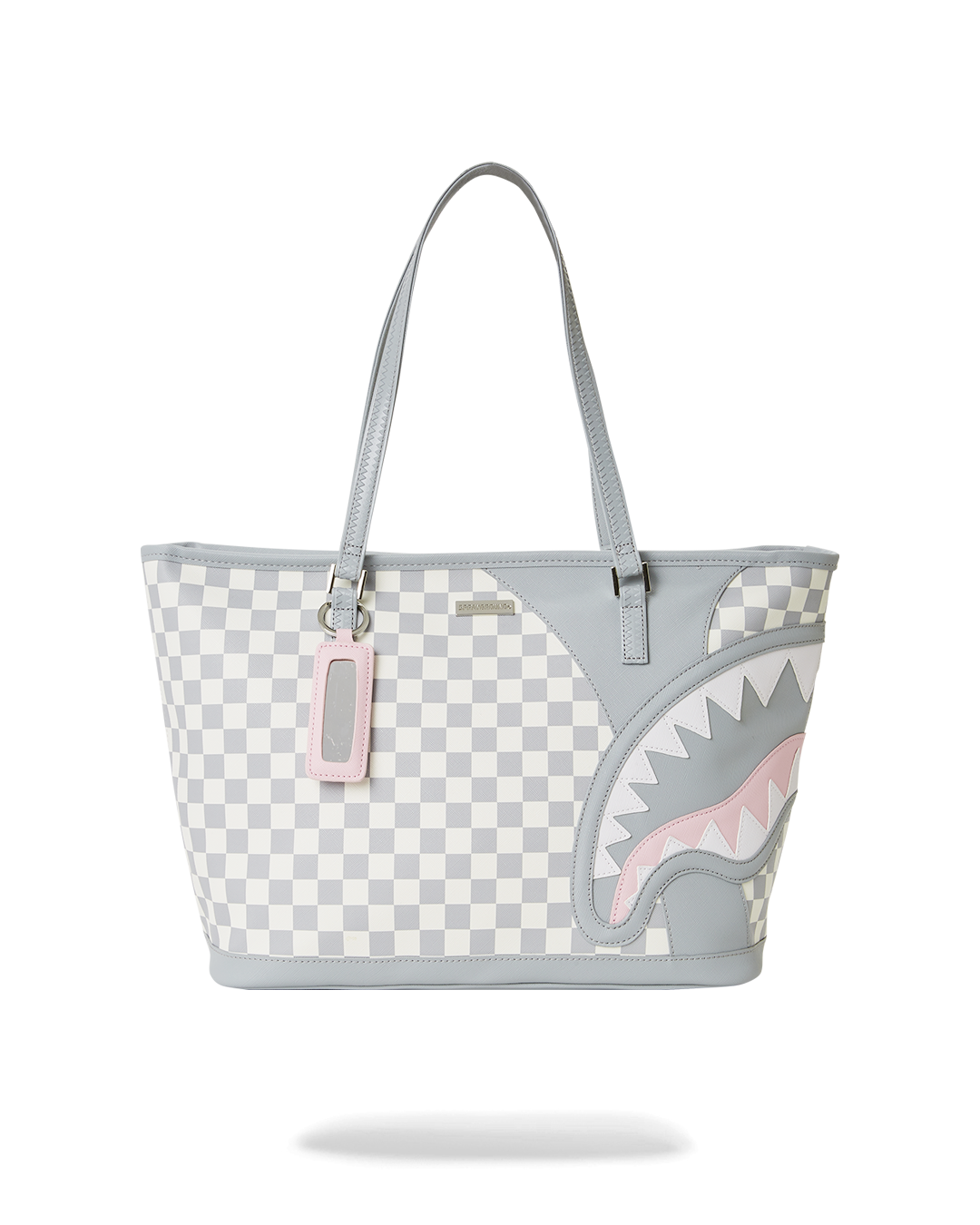 Front view of printed tote bag with leopard pattern and double handles