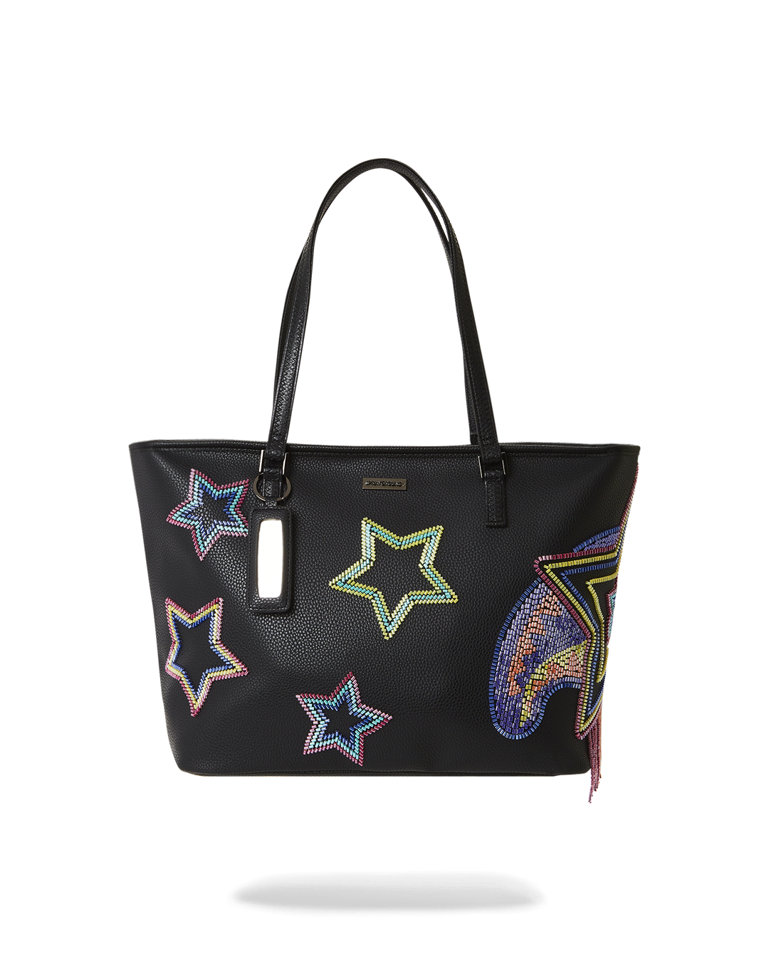 Front view of Sandflower beaded tote bag with star print
