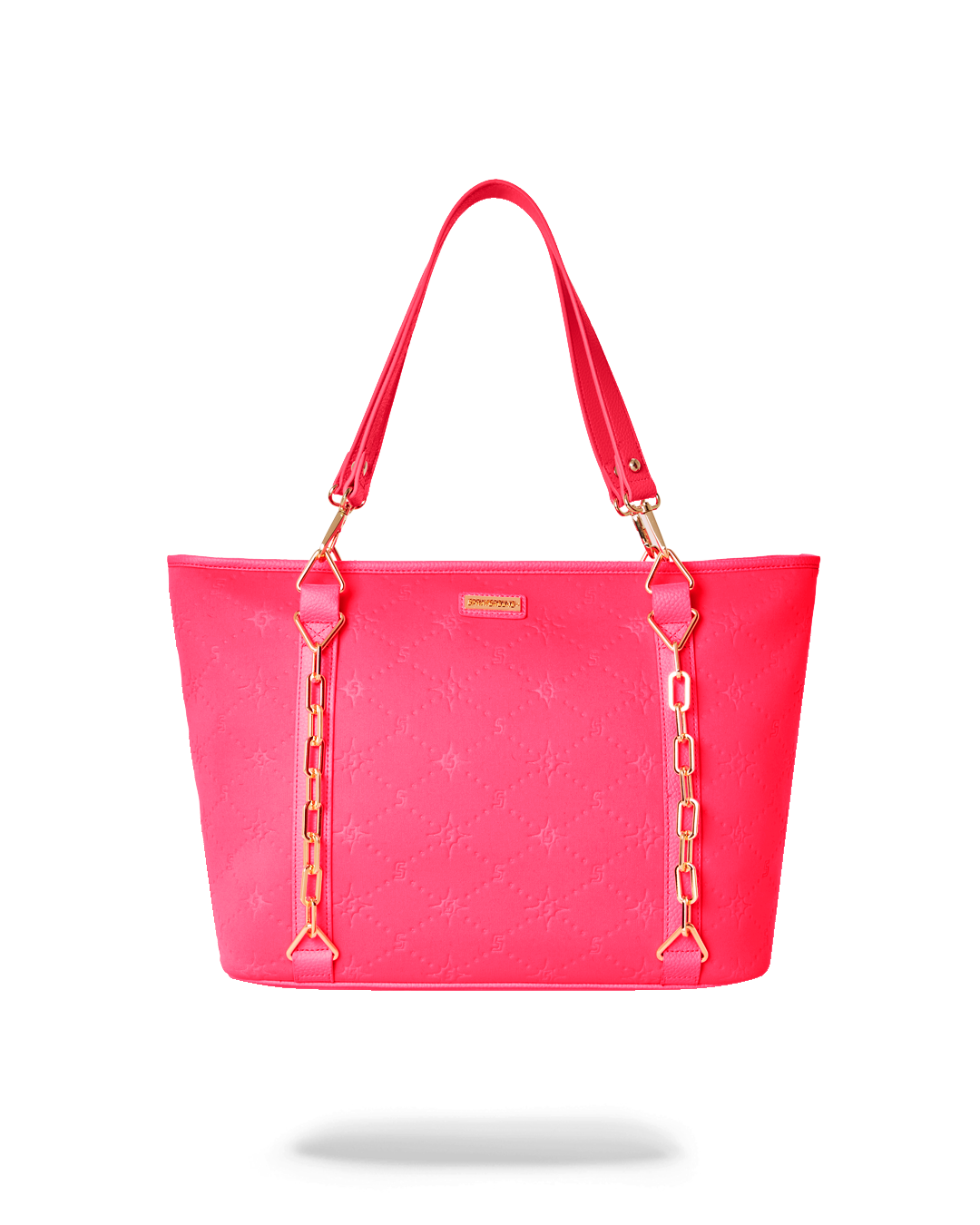 Front view of Sprayground Chain Reaction tote with gold chain accents and embossed neoprene fabric